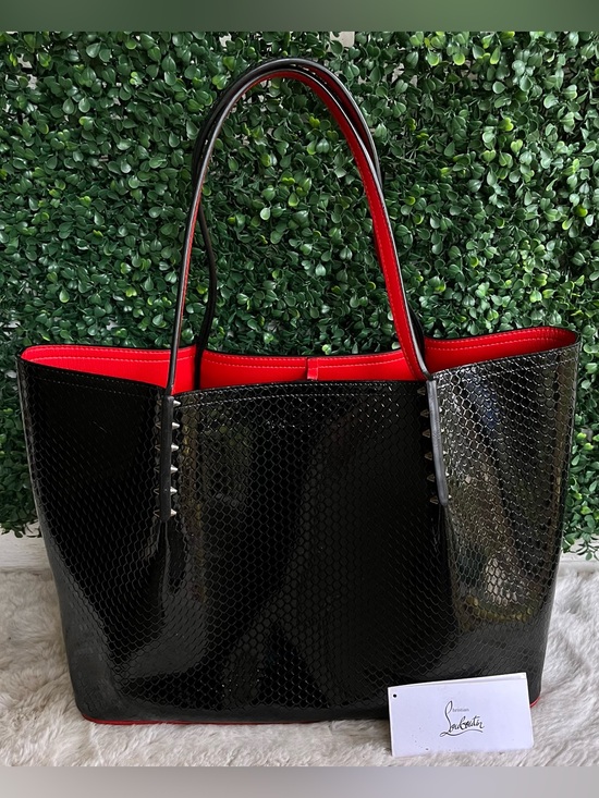 Christian Louboutin Handbags - CHRISTIAN LOUBOUTIN Black Large Snake Embossed Cabarock Tote Spiked Shoulder Bag